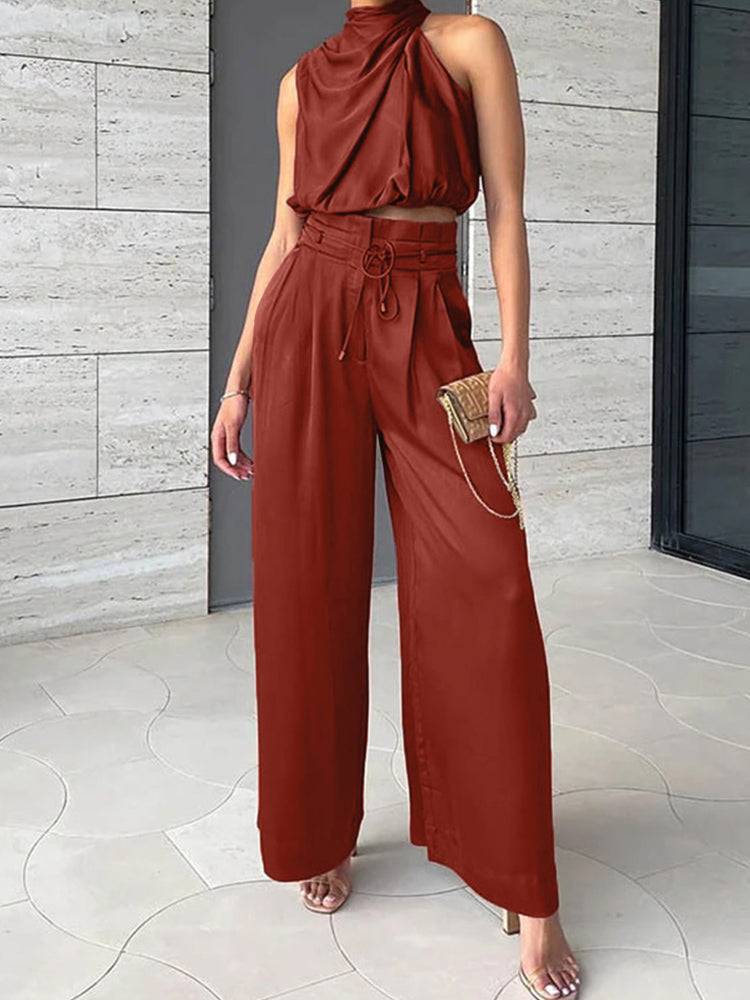 Zoe - Top met Drapering en Halternek met Hoog-Waisted Broek