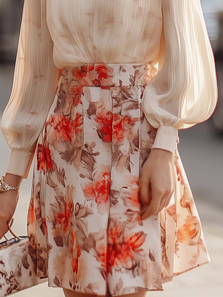 Elise - Bloemenprint Plissé Rok en Blouse Set