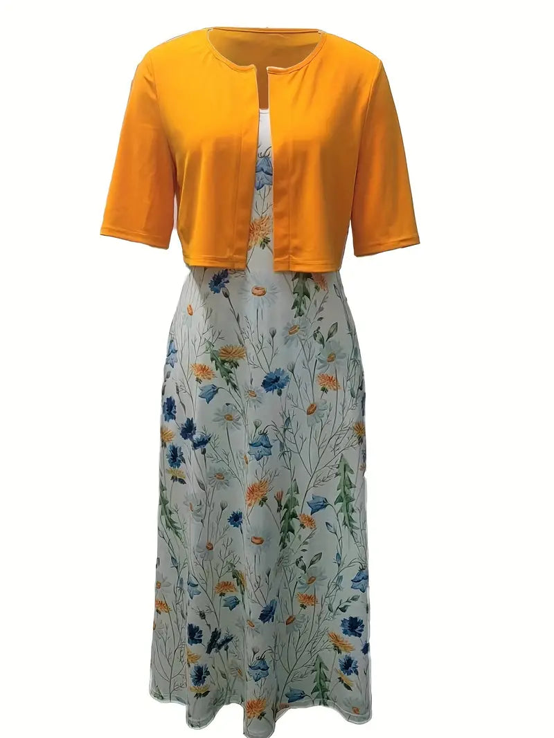 Anna - Elegant Tweedelige Set Effen Kleur Vestje Top en Ronde Halslijn Bloemetjes Jurk