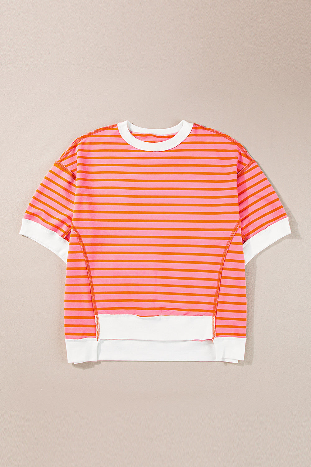 Anna - Horizontaal Gestreept Loose Fit T-shirt met Contrast Trim en Wijde Korte Mouwen