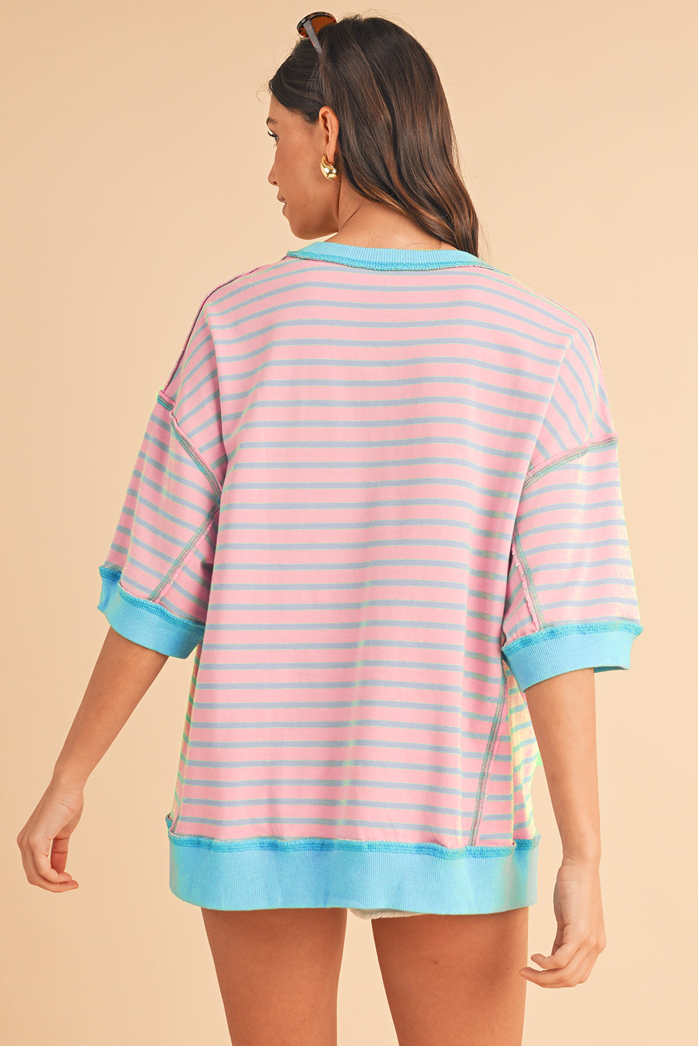 Anna - Horizontaal Gestreept Loose Fit T-shirt met Contrast Trim en Wijde Korte Mouwen