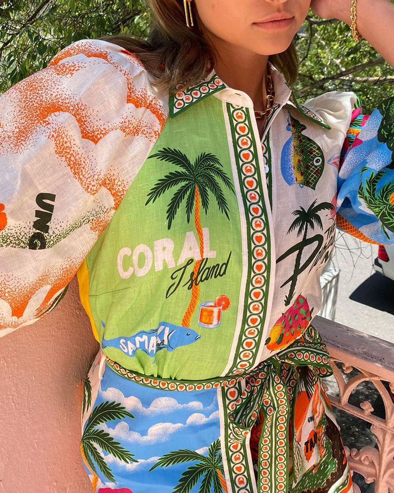 Lian - Tropische Print Overhemdjurk met Riem