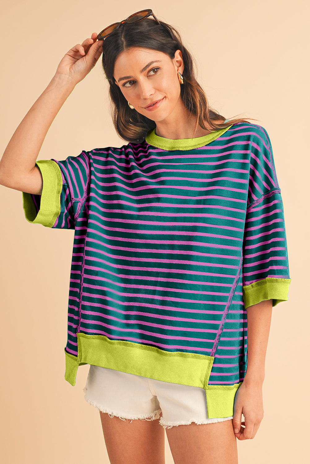 Anna - Horizontaal Gestreept Loose Fit T-shirt met Contrast Trim en Wijde Korte Mouwen