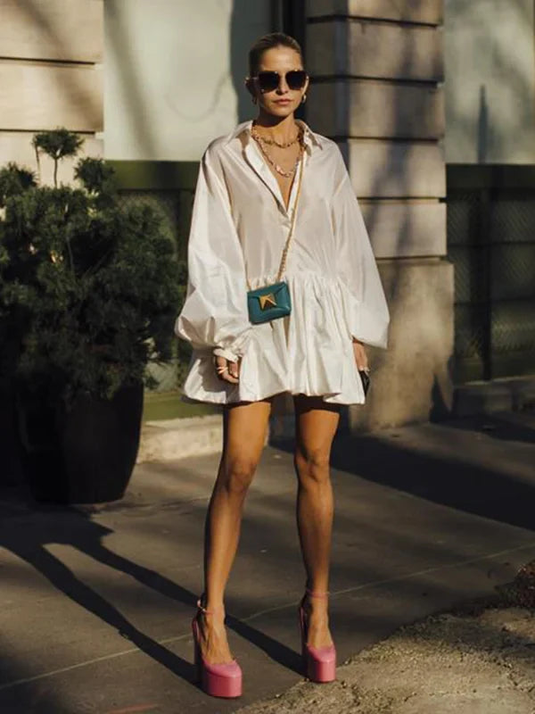 Urban - Witte Gepofte Lange Mouwen Blouse Overhemd Mini Jurk