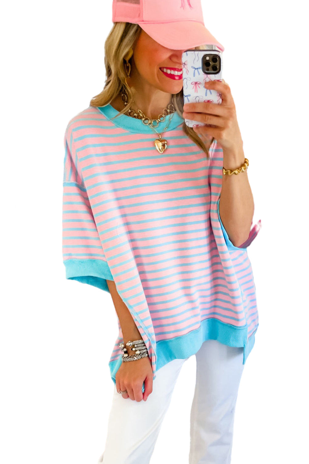Anna - Horizontaal Gestreept Loose Fit T-shirt met Contrast Trim en Wijde Korte Mouwen