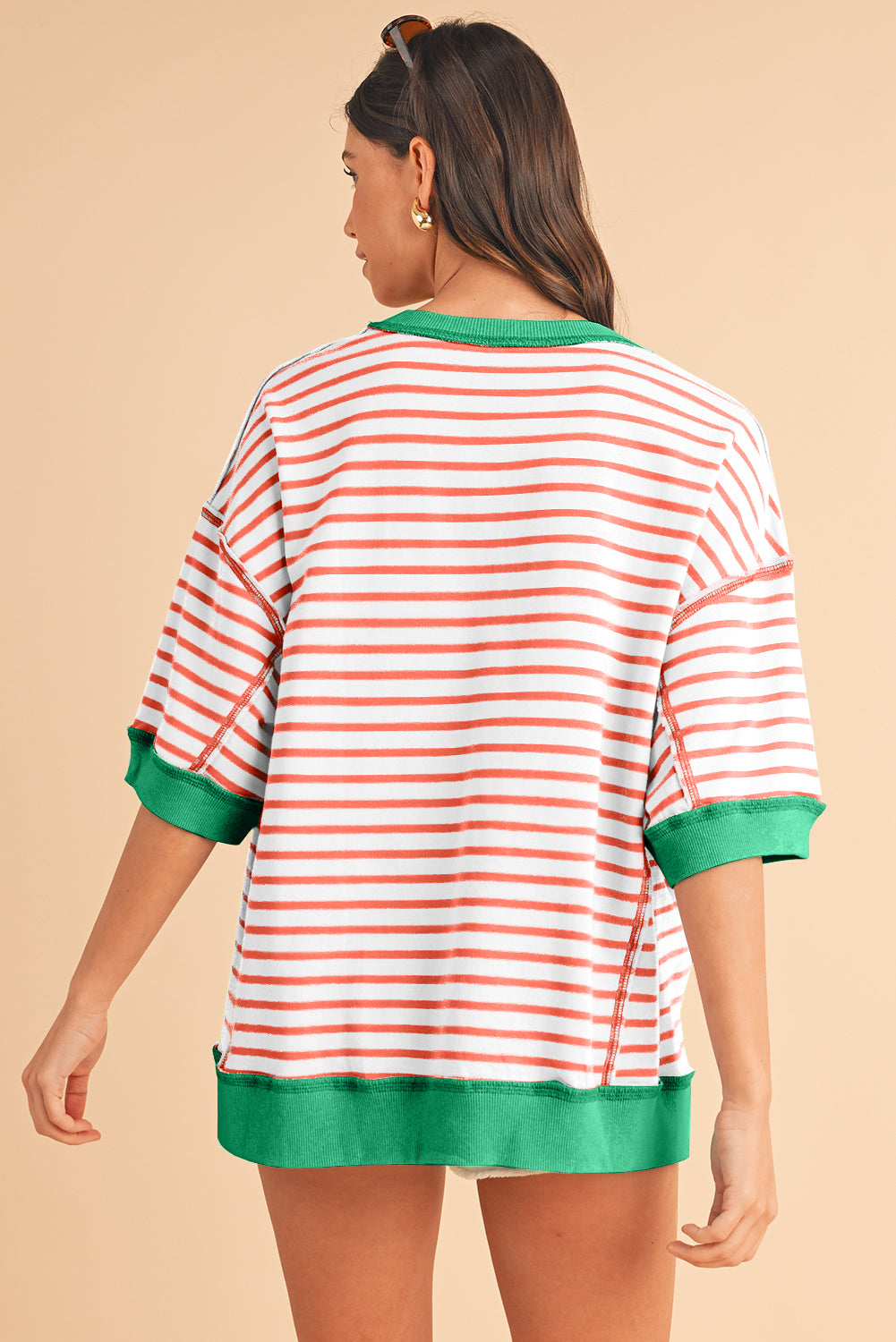 Anna - Horizontaal Gestreept Loose Fit T-shirt met Contrast Trim en Wijde Korte Mouwen
