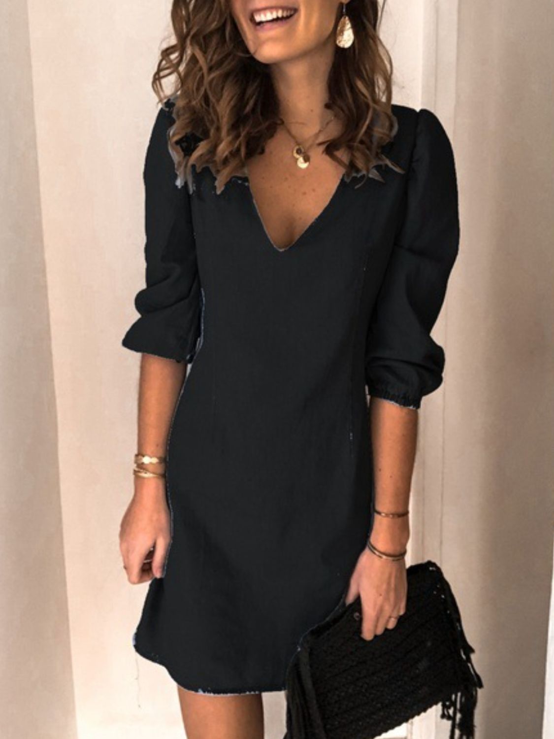 Tess - Korte Denim Jurk met V-Hals en Halflange Mouwen