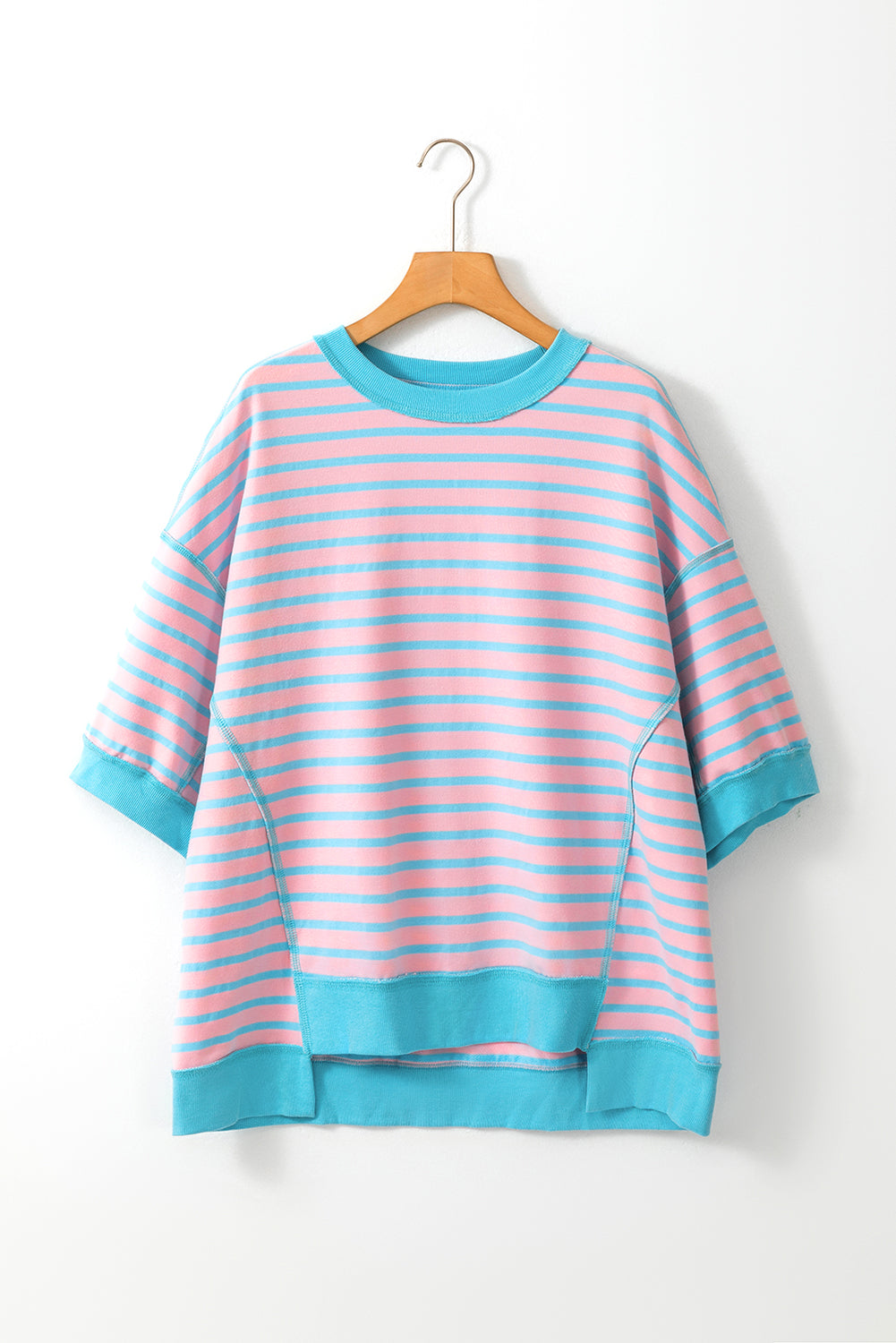 Anna - Horizontaal Gestreept Loose Fit T-shirt met Contrast Trim en Wijde Korte Mouwen