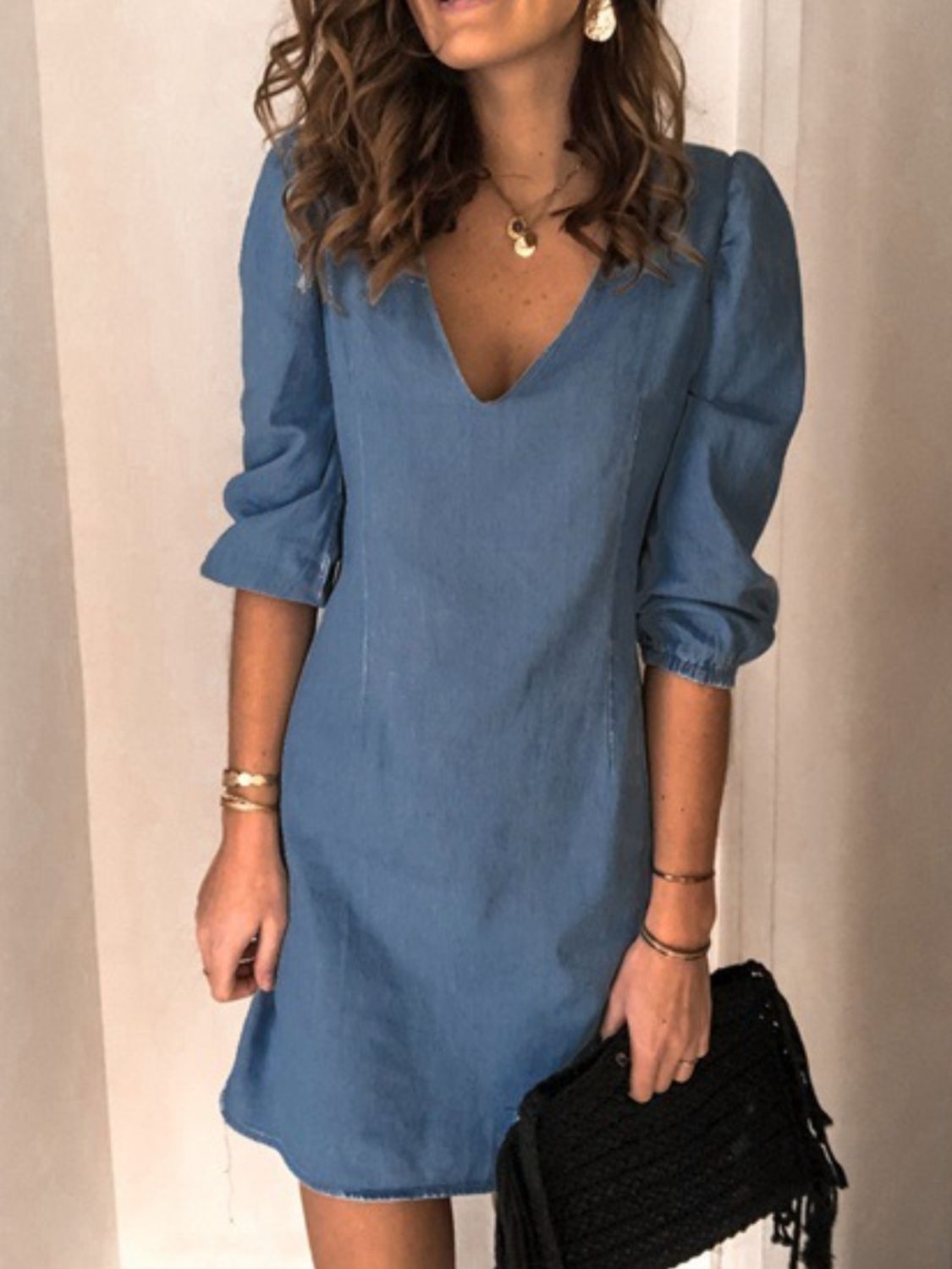 Tess - Korte Denim Jurk met V-Hals en Halflange Mouwen