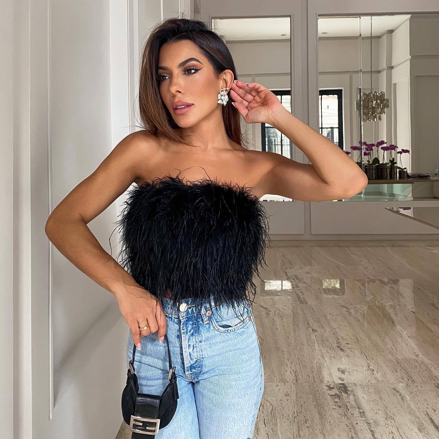 Zara - Strapless Top Met Veren
