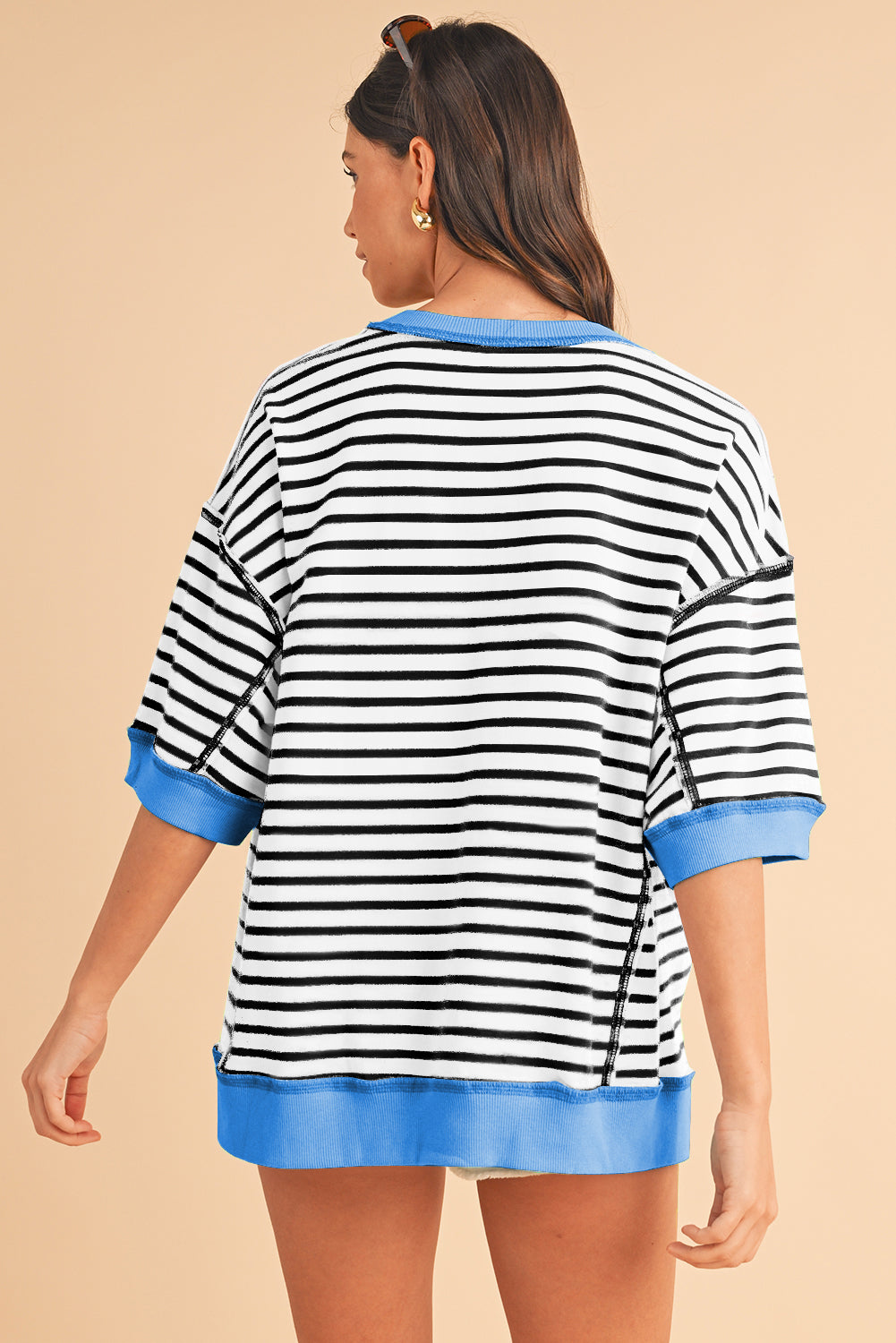 Anna - Horizontaal Gestreept Loose Fit T-shirt met Contrast Trim en Wijde Korte Mouwen