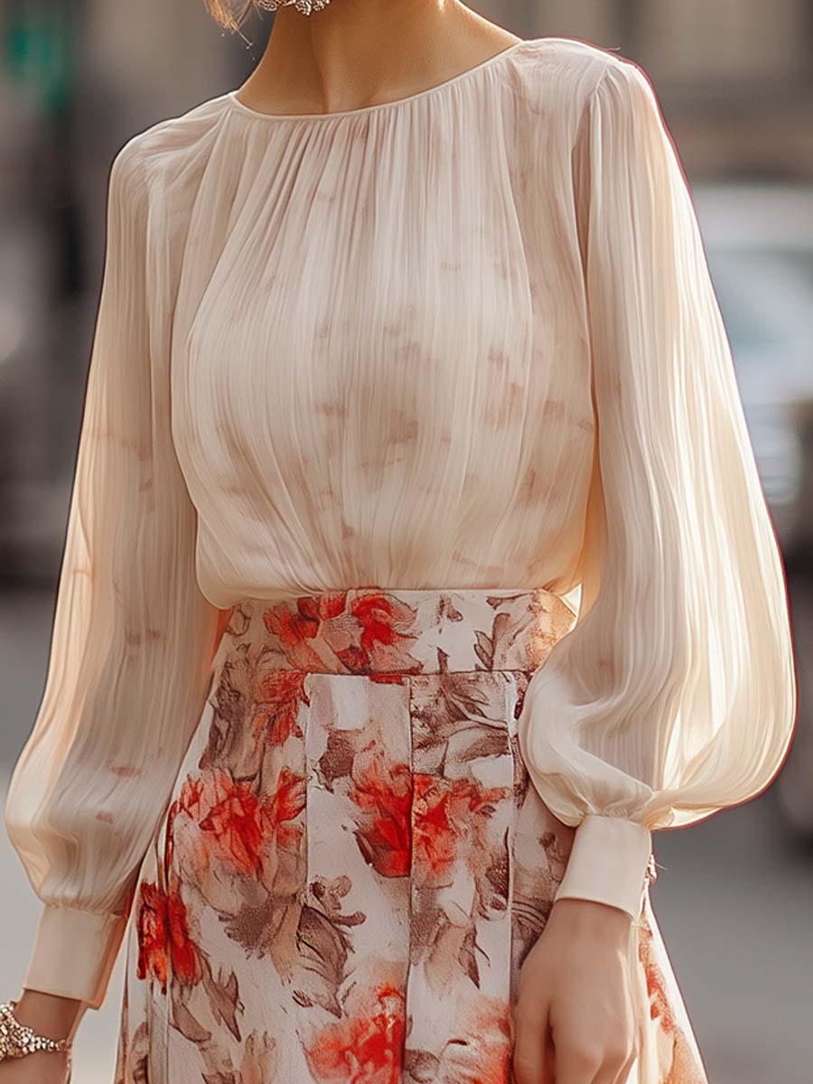 Elise - Bloemenprint Plissé Rok en Blouse Set