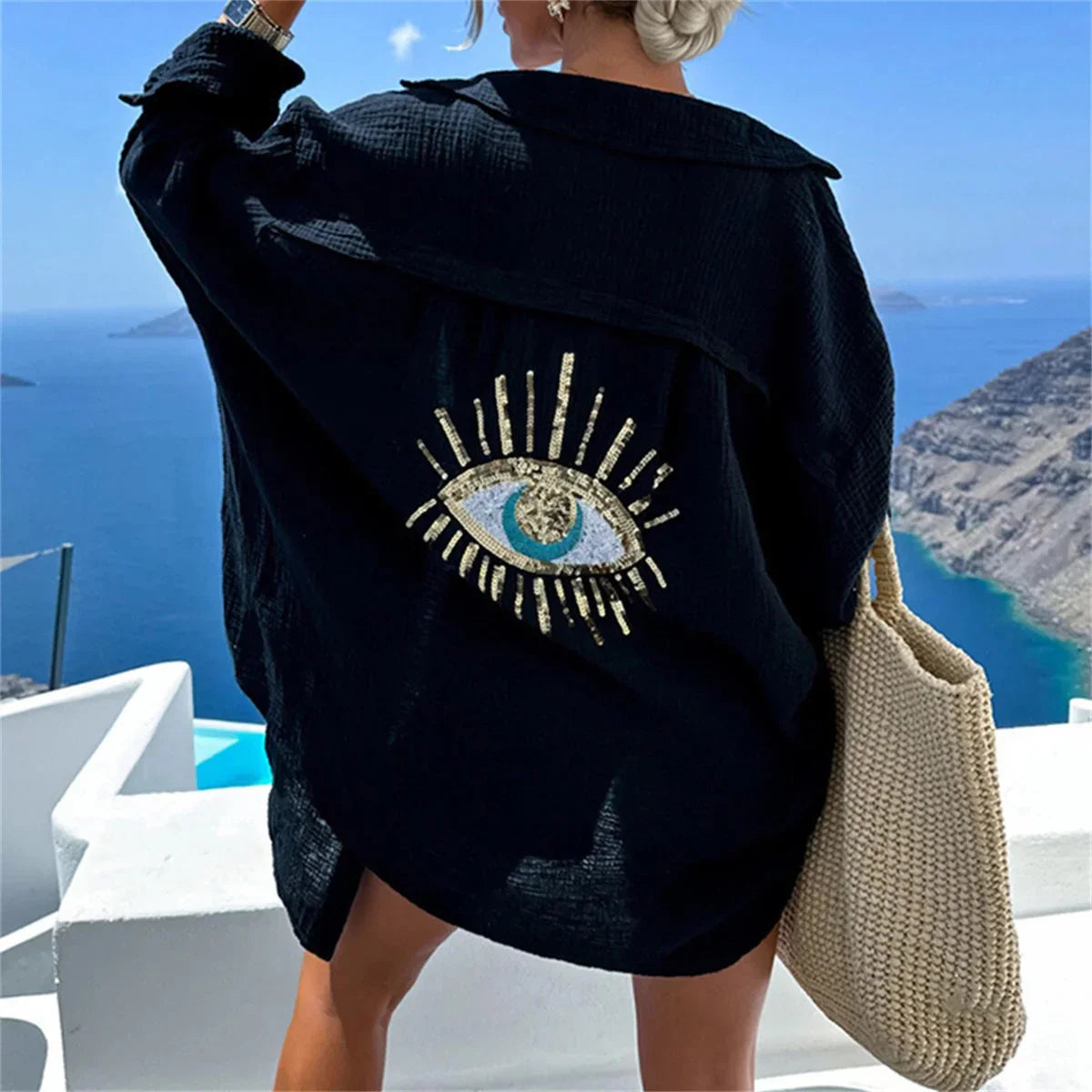 Luna - Oversized Shirt met Pailletten en Oogborduursel