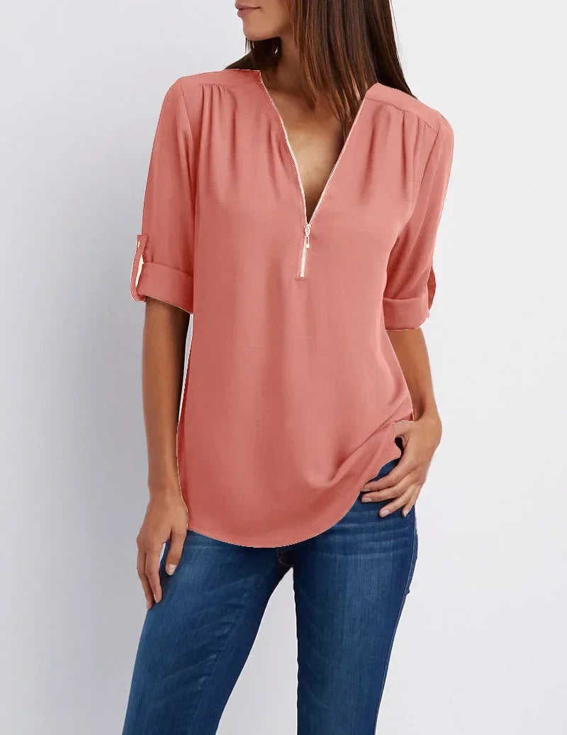 Rowena - Chique V-Hals Blouse met Korte Mouwen