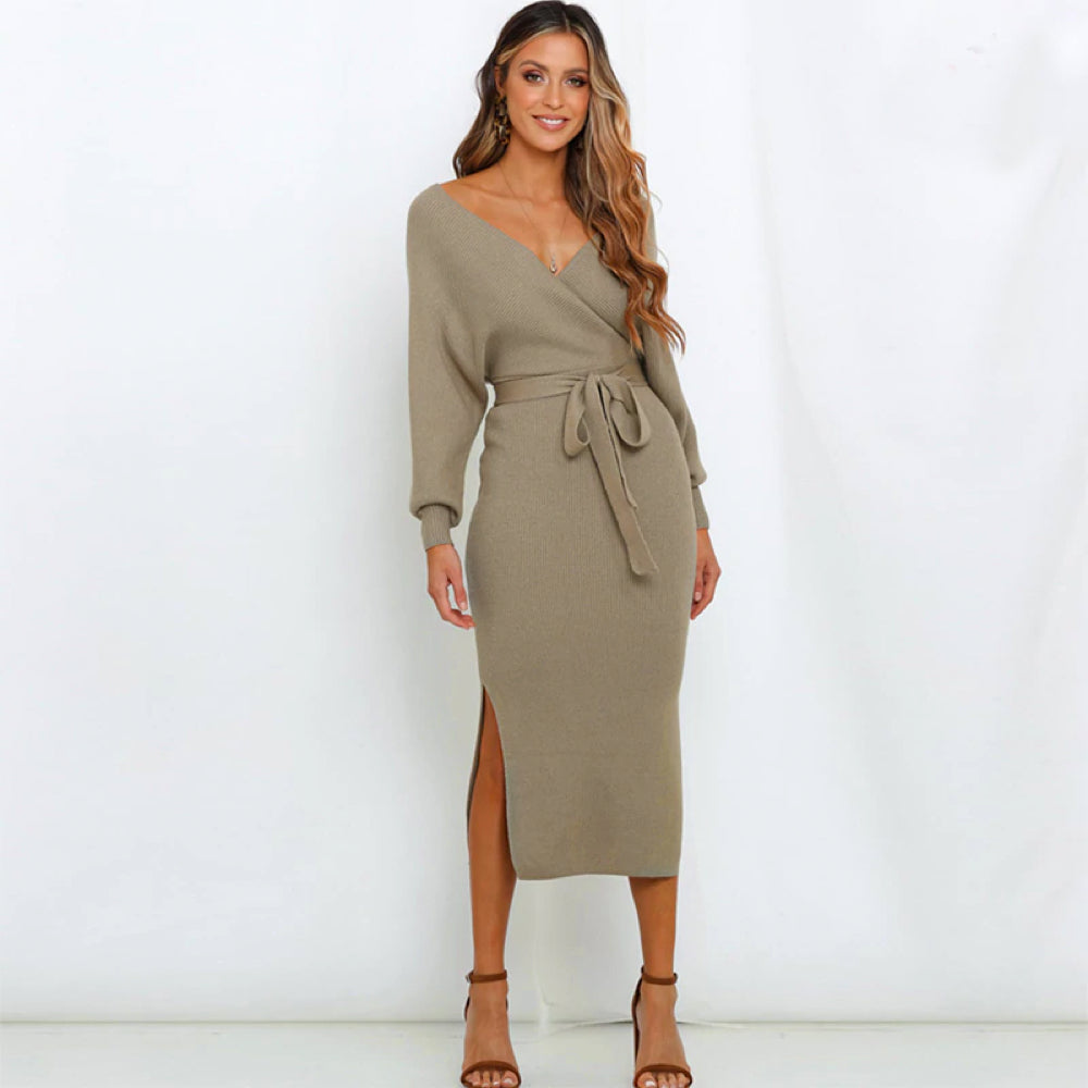 Juliet Classy Katoenen Midi Jurk met Tailleband 2 Side Splits Open Rug en V-Hals