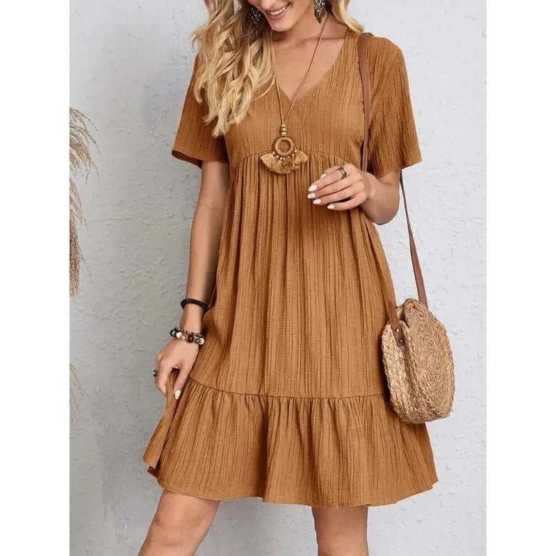 Godiva - Zomerjurk met V-hals en Korte Mouwen en Ruches