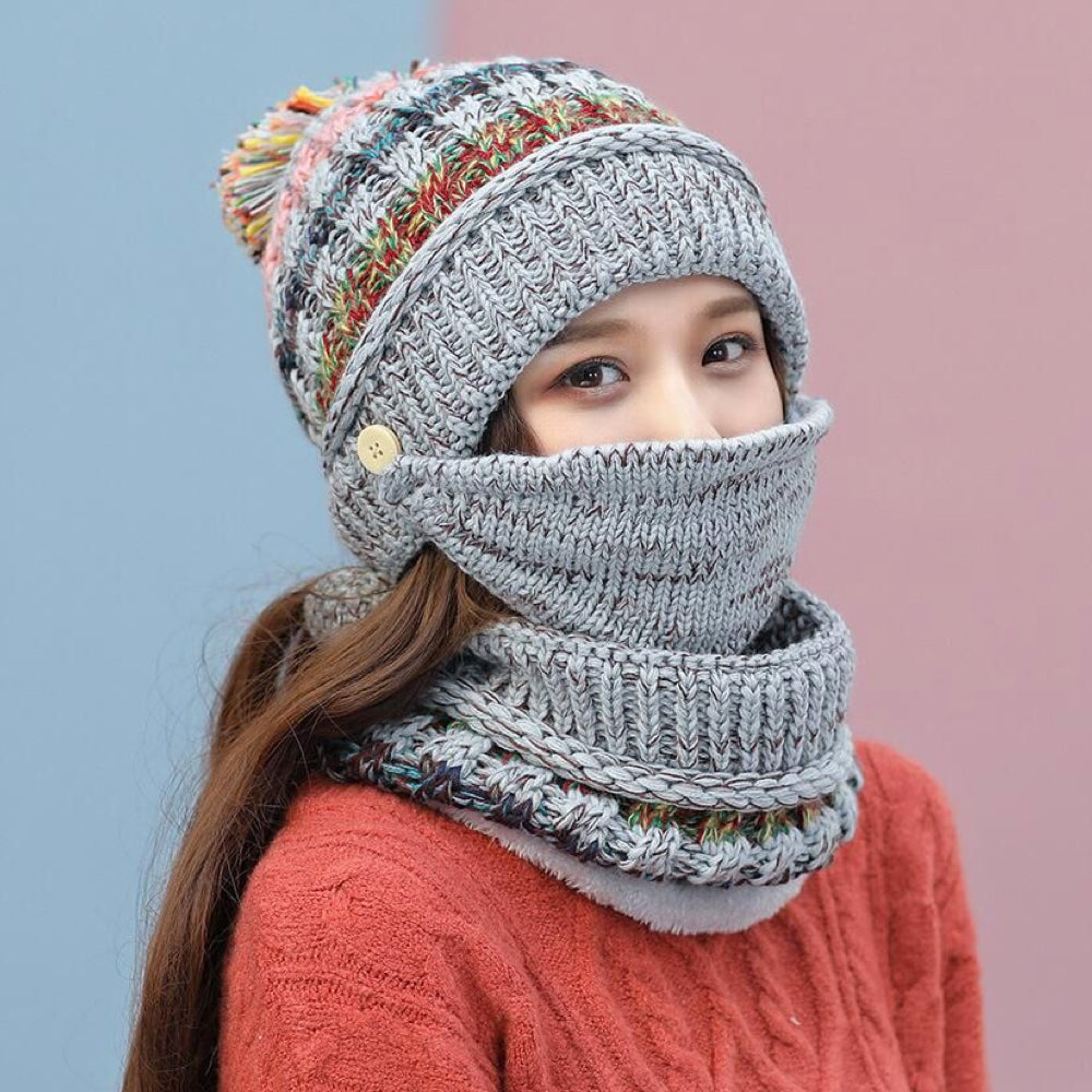 Winter Muts Sjaal en Mond Bescherming 3-in-1 met Pompon voor Complete Warmte en Veiligheid