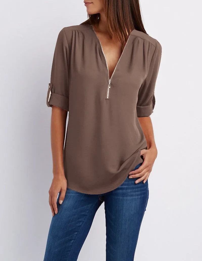 Rowena - Chique V-Hals Blouse met Korte Mouwen