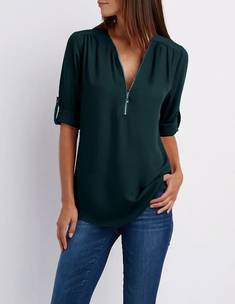 Rowena - Chique V-Hals Blouse met Korte Mouwen