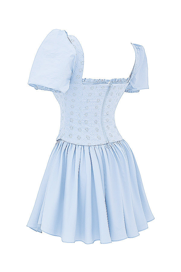 Oaklee - Zachte Blauwe Broderie korset Mini Jurk