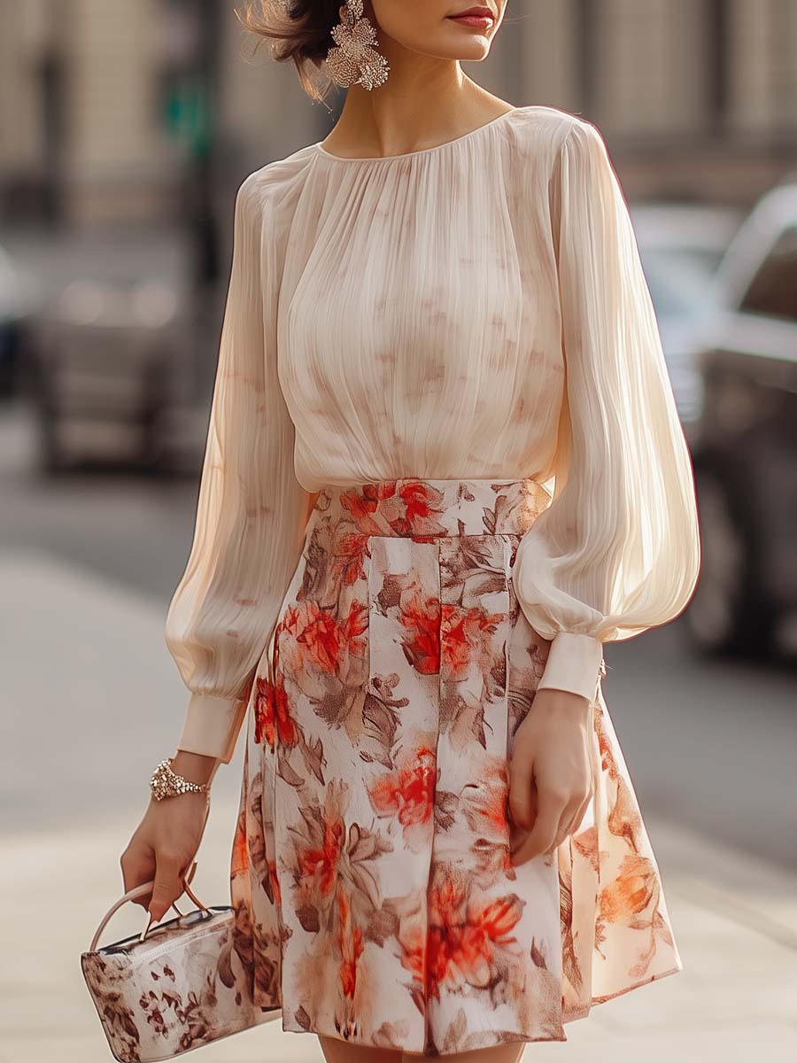 Elise - Bloemenprint Plissé Rok en Blouse Set
