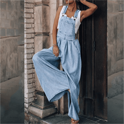 Sanura - Dames Denim Jumpsuit Tuinbroek Overall met Wijde Pijpen