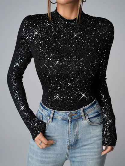Damiana - Metallic Party Bodysuit met Lange Mouwen en Ronde Hals.