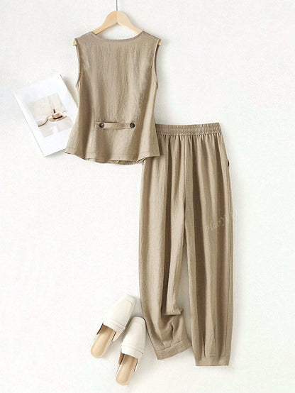 Amenda - 100% Linnen Set van Colbert Top en Touwtjes Hoge Taille Broek