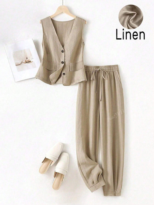 Amenda - 100% Linnen Set van Colbert Top en Touwtjes Hoge Taille Broek