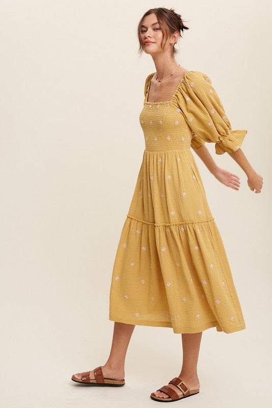 Sophia - Off-shoulder Geborduurde Midi Jurk