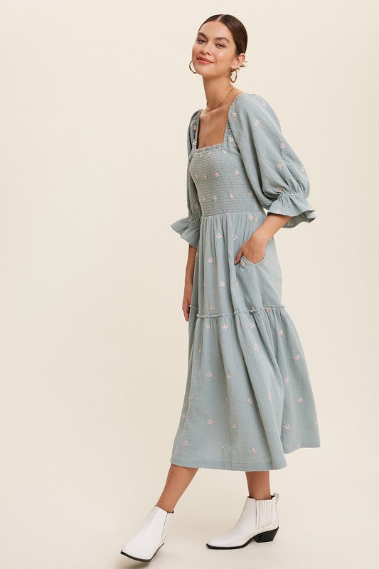 Sophia - Off-shoulder Geborduurde Midi Jurk