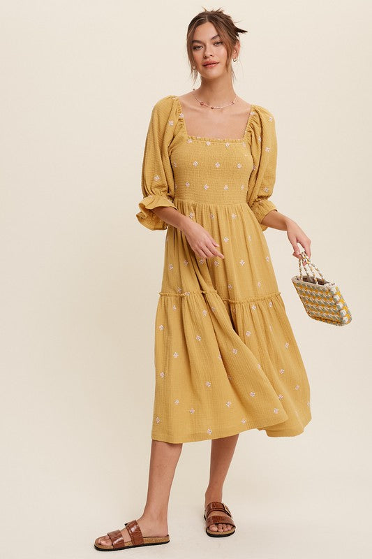 Sophia - Off-shoulder Geborduurde Midi Jurk
