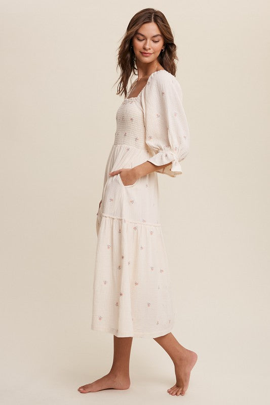 Sophia - Off-shoulder Geborduurde Midi Jurk