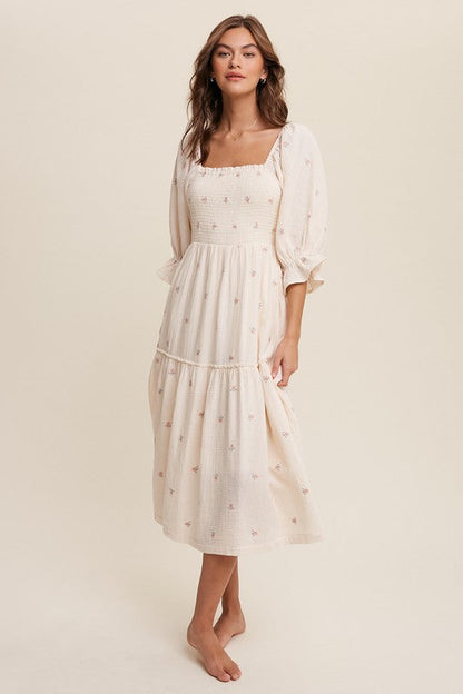 Sophia - Off-shoulder Geborduurde Midi Jurk