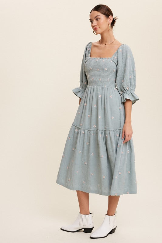 Sophia - Off-shoulder Geborduurde Midi Jurk
