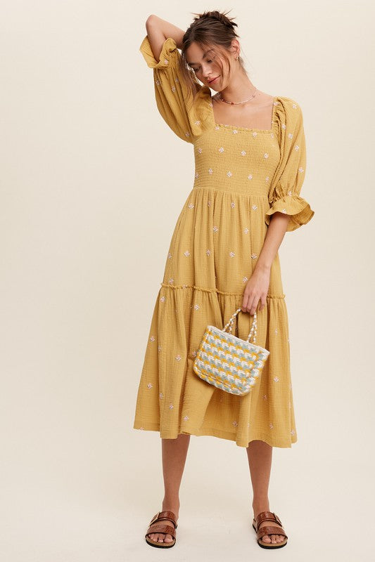 Sophia - Off-shoulder Geborduurde Midi Jurk