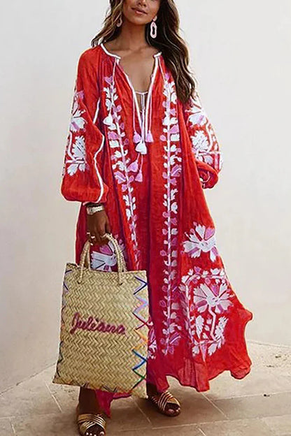 Natalia - Oversized Casual Maxi-jurk met Lange Mouwen, Boheemse Bloemenprint en Vakantie