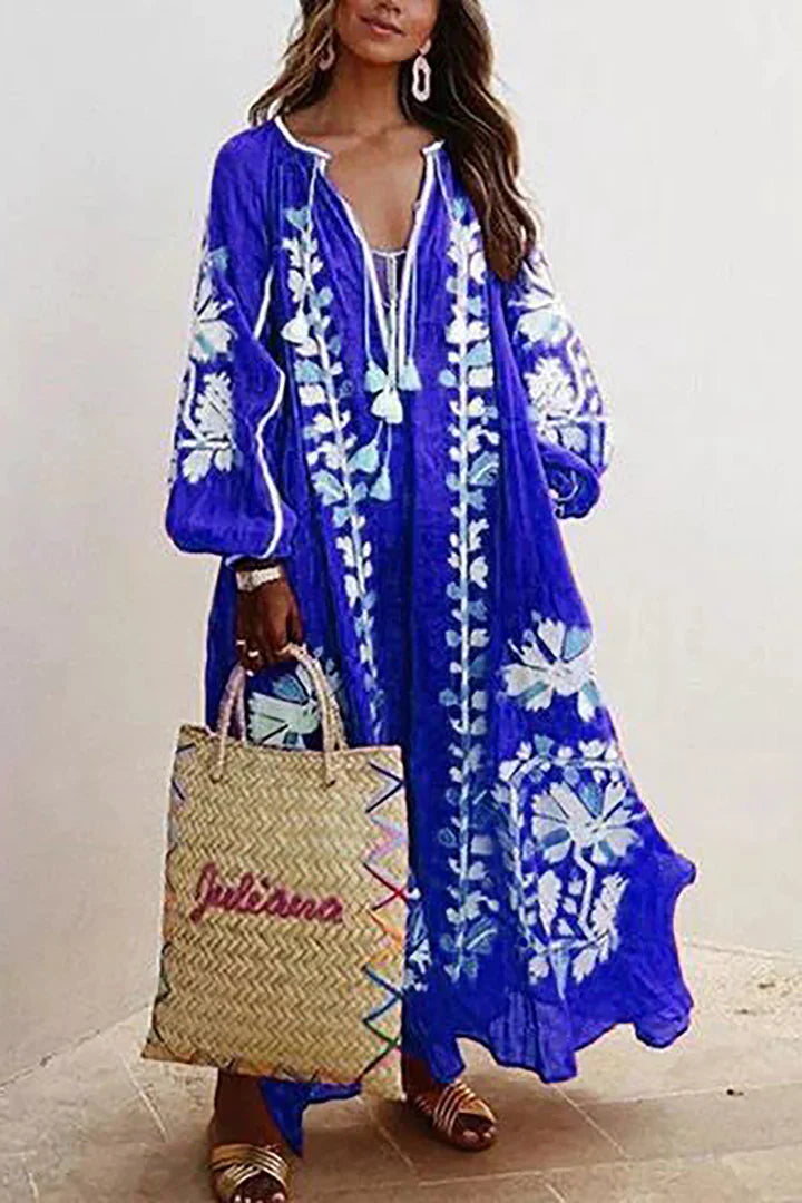 Natalia - Oversized Casual Maxi-jurk met Lange Mouwen, Boheemse Bloemenprint en Vakantie