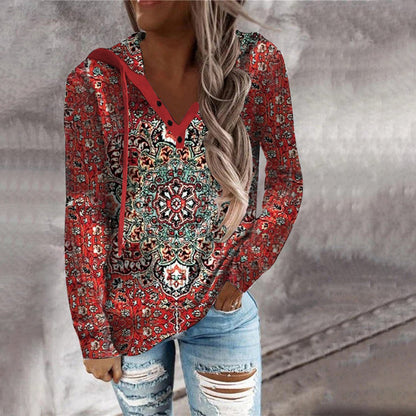 Jandy - Rood Henley Sweatshirt met Lange Mouwen en Mandala Print