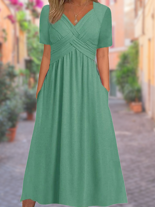 Sophie - V-Hals Faux Wrap Lange Zomer Jurk met Korte Mouwen en Hoge Taille