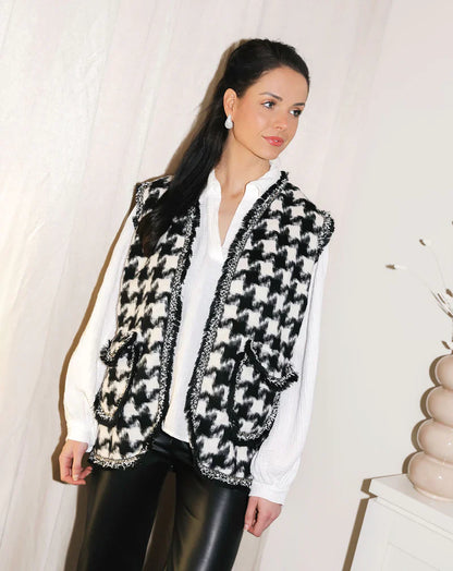 Chloe - Modieuze Mouwloze Gilet met Pied-de-Poule Motief en Voorzakken voor een Trendy en Elegante Look