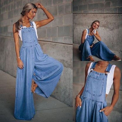 Sanura - Dames Denim Jumpsuit Tuinbroek Overall met Wijde Pijpen