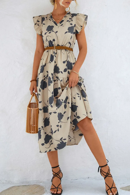 Mia - Floral V neck Beach Ruffle "Sleeve Midi Dress"