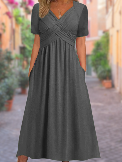 Sophie - V-Hals Faux Wrap Lange Zomer Jurk met Korte Mouwen en Hoge Taille