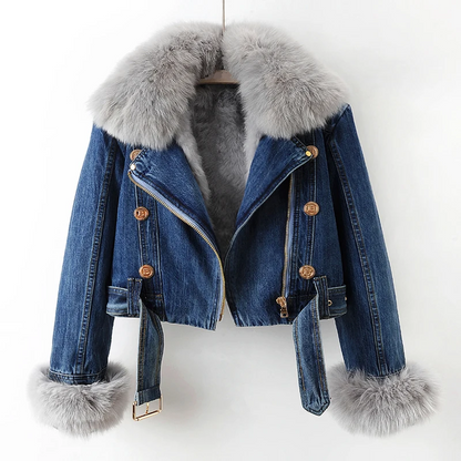 Jeona - Denim Jas met Pluizige Details voor een Warme Look