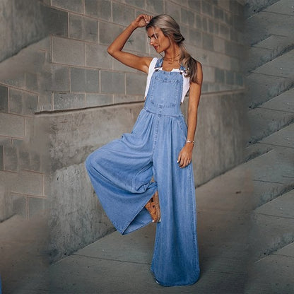 Sanura - Dames Denim Jumpsuit Tuinbroek Overall met Wijde Pijpen