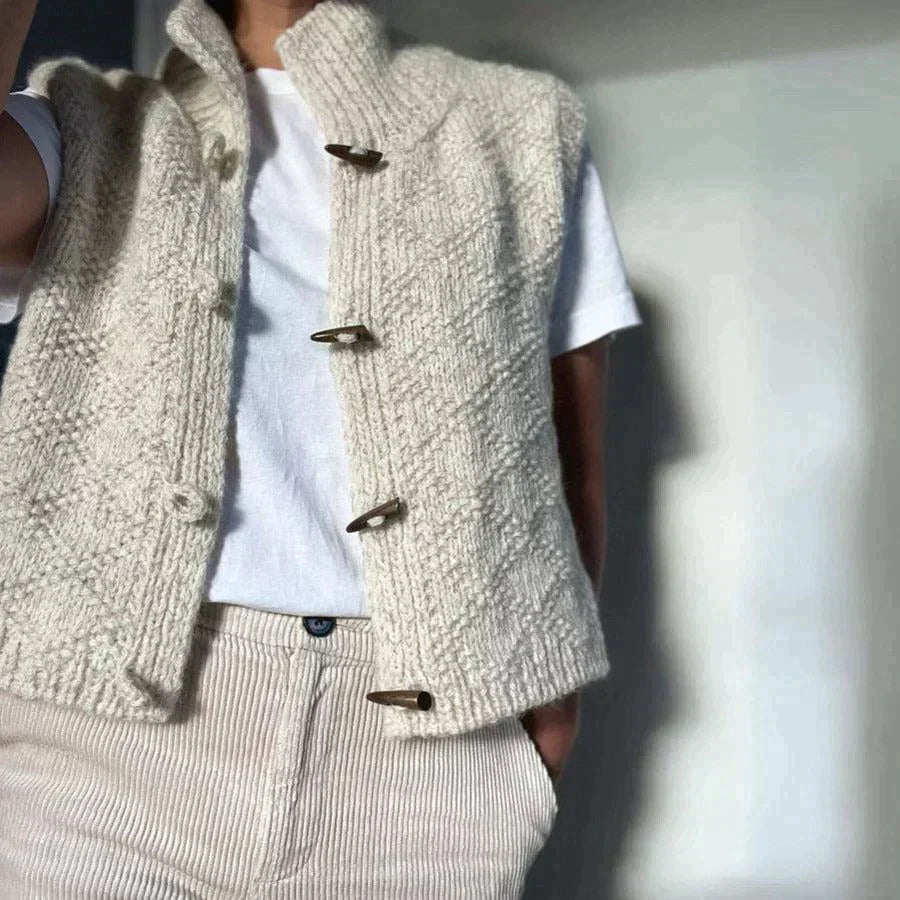 Naomi Vintage Bodywarmer Mouwloos Vest met Turtleneck en Houtje Touwtje Knopen