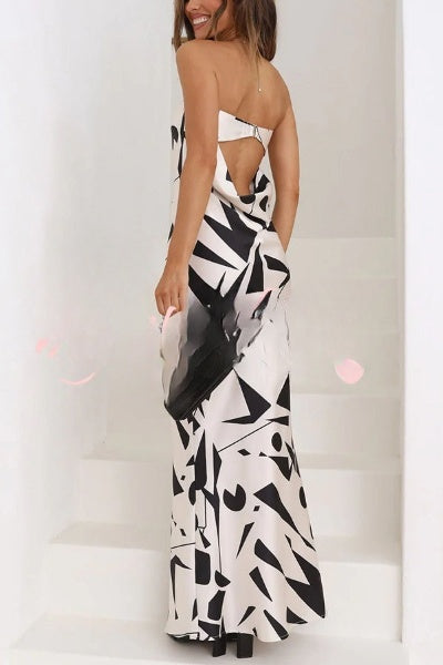 Cassy - Elegante Satijnen Maxi Jurk met Geometrische Print