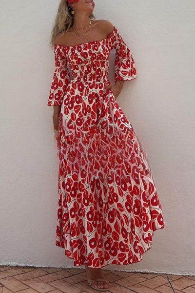 Amaris -  Gesmokte off-Shoulder Maxi-Jurk met Bloemenprint en Zakken