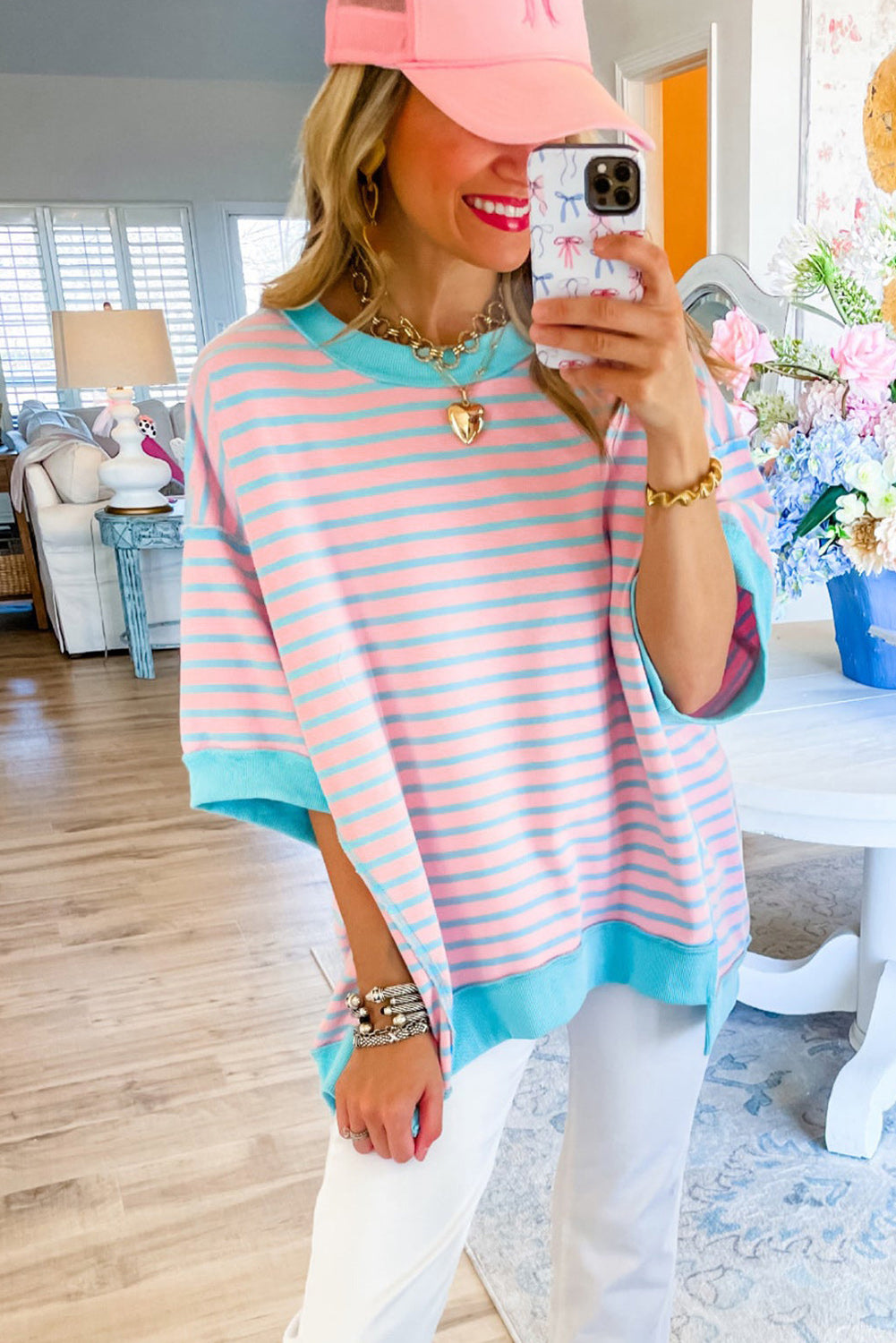 Anna - Horizontaal Gestreept Loose Fit T-shirt met Contrast Trim en Wijde Korte Mouwen